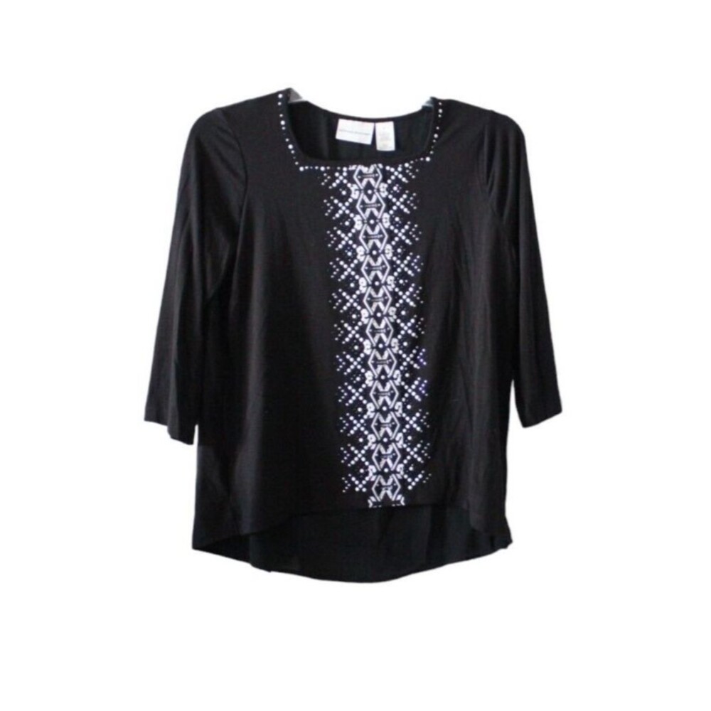 Alfred Dunner Tunic Blouse High Low 3/4 Sleeves Beaded Woman's Size Small